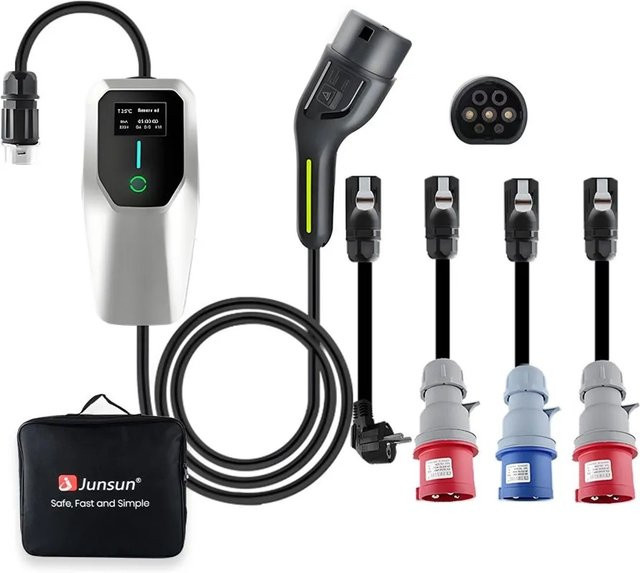 Junsun Typ 2 Ladekabel 22 kW 3-phasig 6-32A mit 4 Adaptern und Tasche, Länge: 5 m - Bild 1