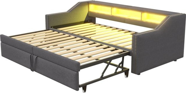 Merax Schlafsofa in Grau mit LED-Unterbettbeleuchtung, USB-Anschluss und Stauraum, B/T/H: 180 x 200 x 74 cm - Bild 1