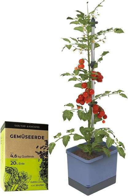 Gusta Garden Tomatentopf Pflanzentopf mit Rankhilfe in Blau inklusive 20L Urban Gardening Erde - Bild 1