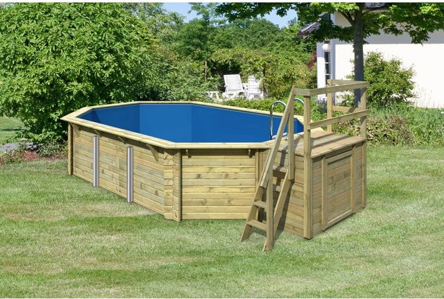 Karibu Achtform-Massivholzpool mit Sonnenterrasse in Braun, Volumen: 19000 l, B/H: 358 x 124 cm - Bild 1