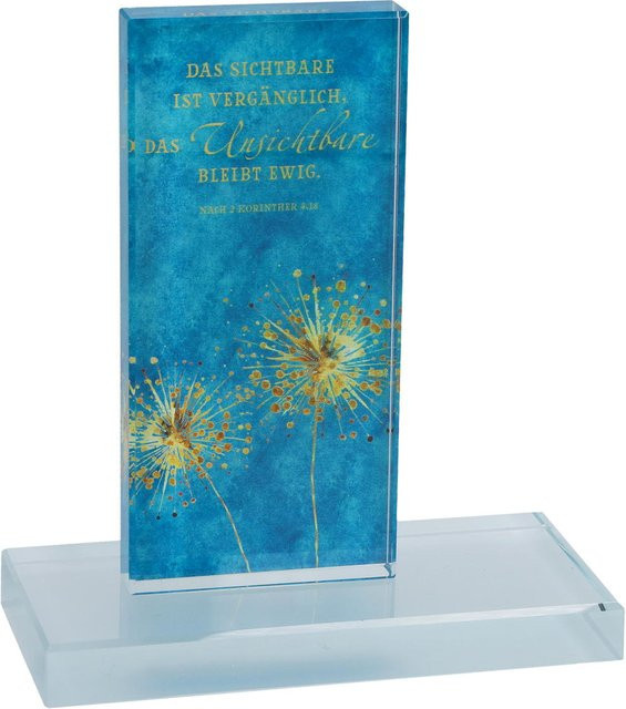 Glasstele Das Sichtbare ist vergänglich von Butzon und Bercker in Blau und Gold mit floralem Design, B/T/H: 13,0 x 14,5 x 6,0 cm - Bild 1
