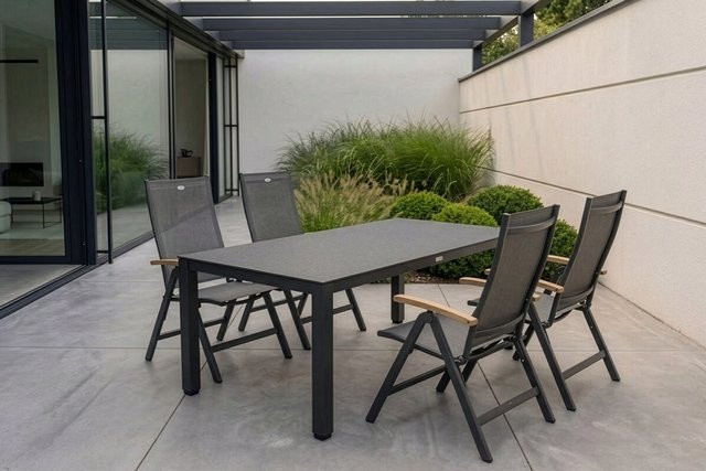 Hartman Aruba Garten-Essgruppe aus Aluminium und Spraystone mit 4 Klappstühlen und Teak-Armlehnen, Anthrazit/Schwarz, B: 160 cm, T: 95 cm, H: 74 cm - Bild 1
