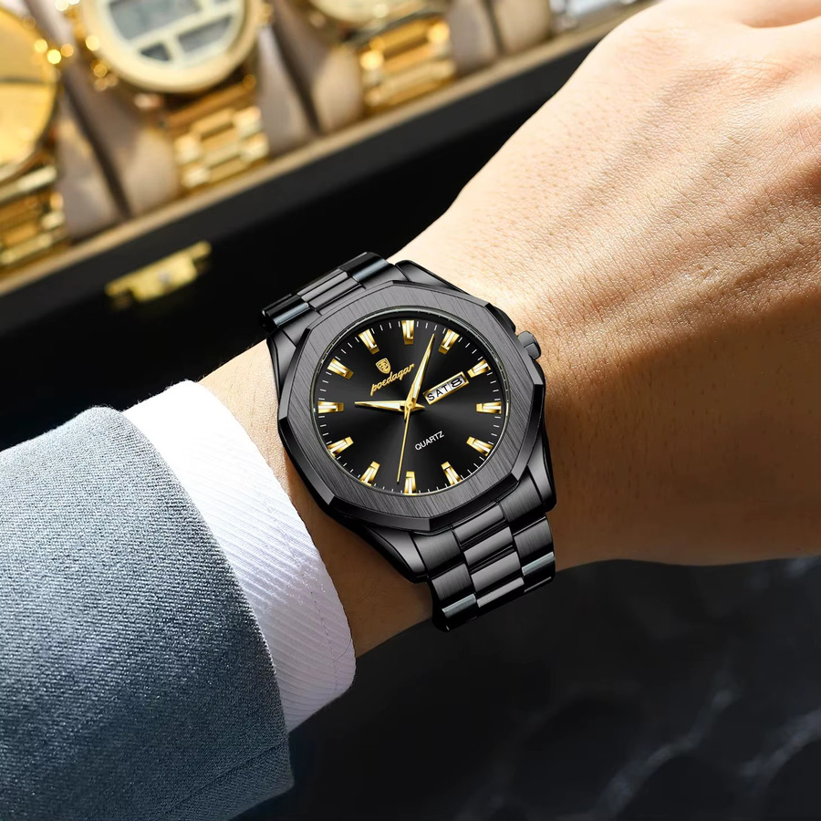 POEDAGAR Armbanduhr Quarz, Edelstahl, Schwarz, Silber, Herren - Bild 6