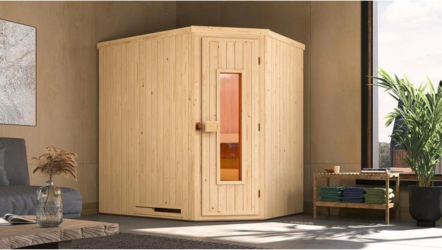 Weka Ecksauna Varberg 1 für 6 Personen in Braun mit 4,5 kW Ofen und Holztür - Bild 3