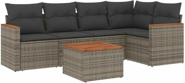 vidaXL 6-teilige Garten-Sofagarnitur aus Poly-Rattan und Akazienholz in Grau mit Kissen - Bild 1