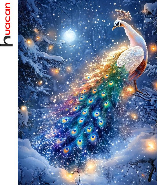 Huacan DIY Diamantmalerei Pfau Winter Landschaft als Diamantmosaik Set in Multicolour, B/H: 30 x 20 cm - Bild 1