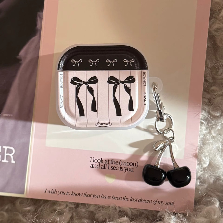 Koreanische gestreifte Kopfhörerhülle für Apple AirPods Pro und AirPods 1 2 3 4 mit schwarzem Kirsch-Anhänger, mehrfarbig - Bild 3