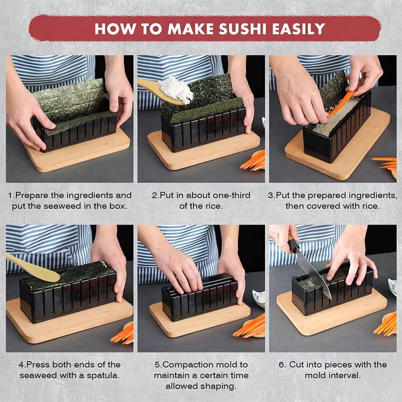 LMETJMA 10-teiliges Sushi-Maker-Set aus Kunststoff in Schwarz zur Herstellung von Sushi-Reisbrötchen, rechteckige Formpresse KC0473 - Bild 4