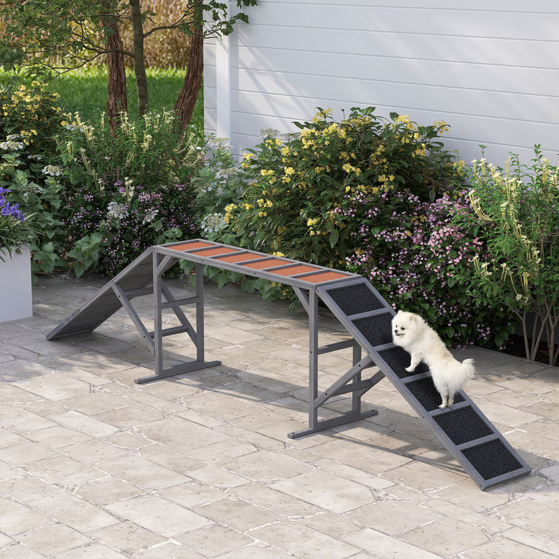 PawHut Hunde Agility Steg aus Tannenholz in Grau, wetterfestes Agility-Trainingsequipment mit Sicherheitsstange und rutschfester Oberfläche für Hunde bis 40 kg, B/T/H: 325 x 55 x 69 cm, Aosom - Bild 2
