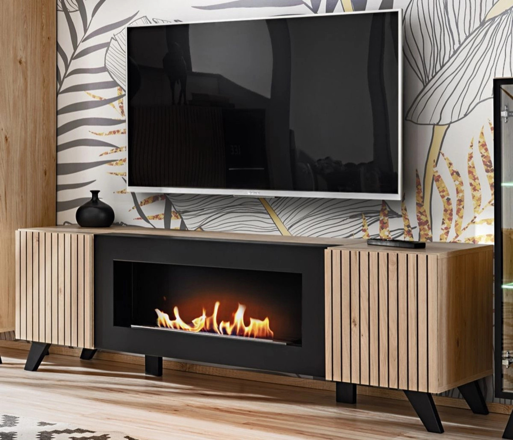 TV-Lowboard Lines von Furn.Design in Eiche und Schwarz mit integriertem Kamin und Beleuchtung, B: 160 cm, T: 45 cm, H: 52 cm - Bild 1