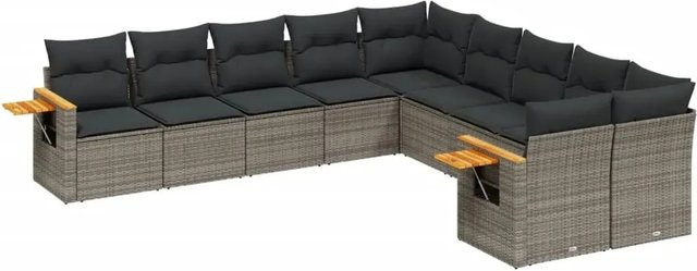 vidaXL 10-teilige Garten-Sofagarnitur in L-Form aus Poly-Rattan und Akazienholz in Grau mit Kissen und abnehmbaren Bezügen - Bild 1