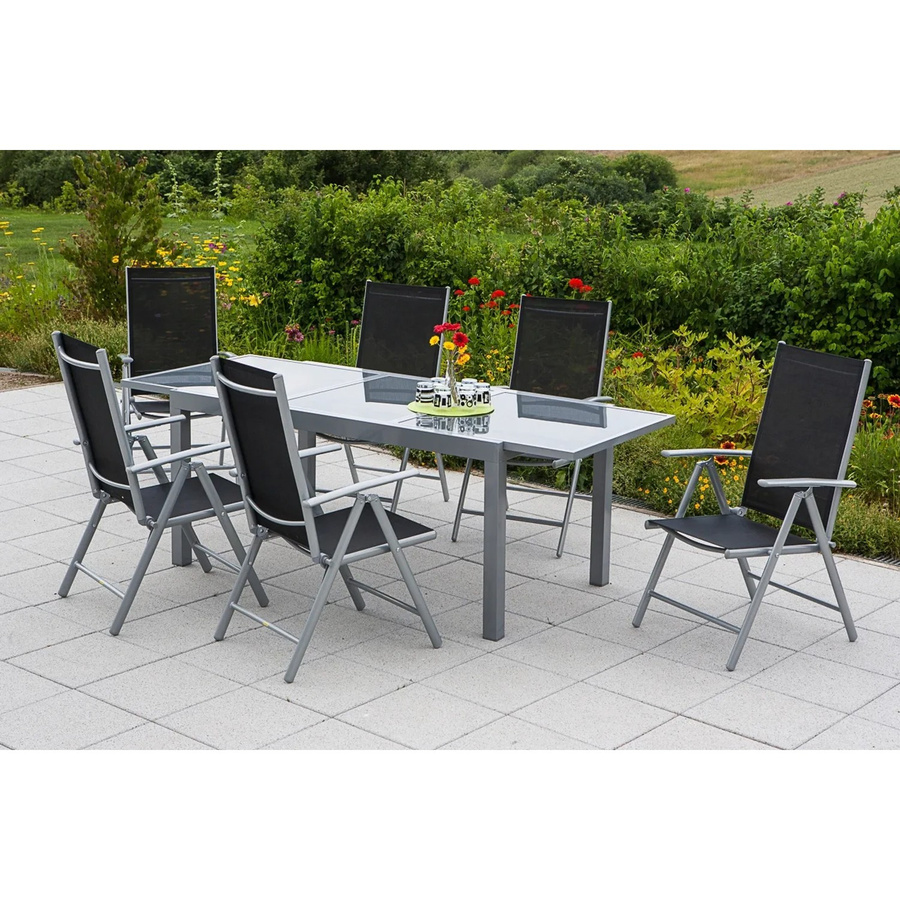 Merxx Gartenmöbel-Set Amalfi 7-teilig in Schwarz mit ausziehbarem Tisch aus Aluminium und Glas - Bild 2