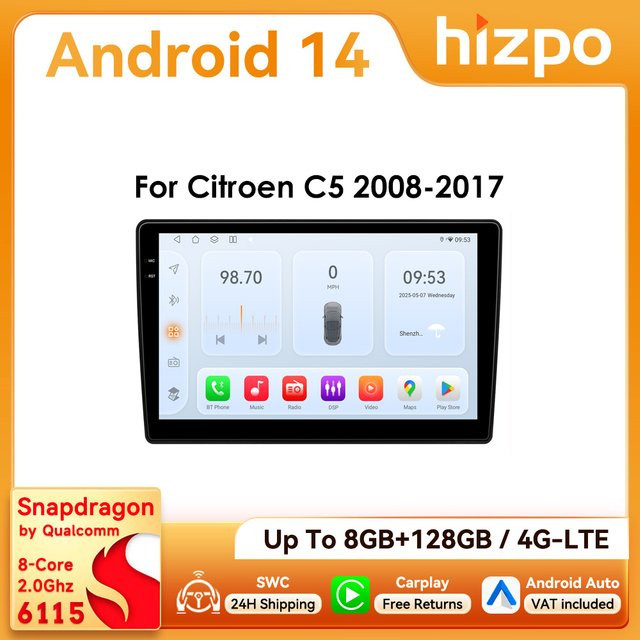 Hizpo Android Auto Autoradio für Citroen C5 2008 - 2017 mit 10,1 Zoll Display, Snapdragon 6115, Navigation GPS, 4G, Bluetooth, CarPlay und 360 Grad Kamera in Schwarz - Bild 1