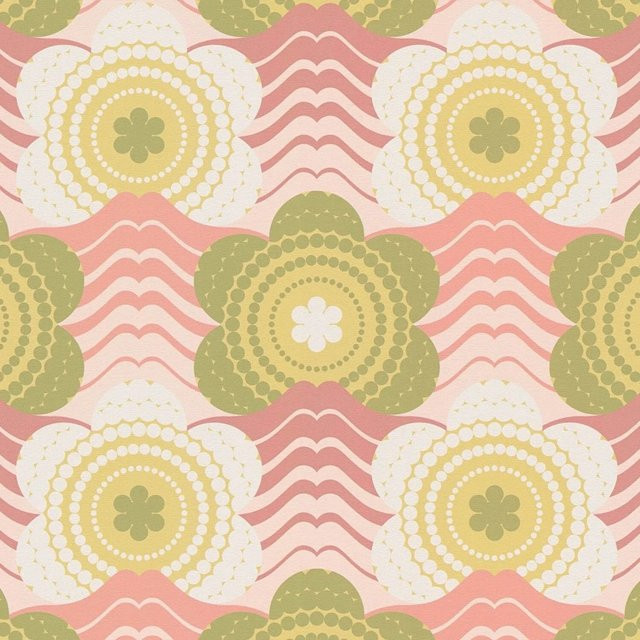 PROFHOME 395391-GU Retro Tapete mit floralem Blumenmuster in Rosa, Oliv, Gelb und Creme-Weiß, Vlies, 0,53 m x 8,50 m - Bild 1