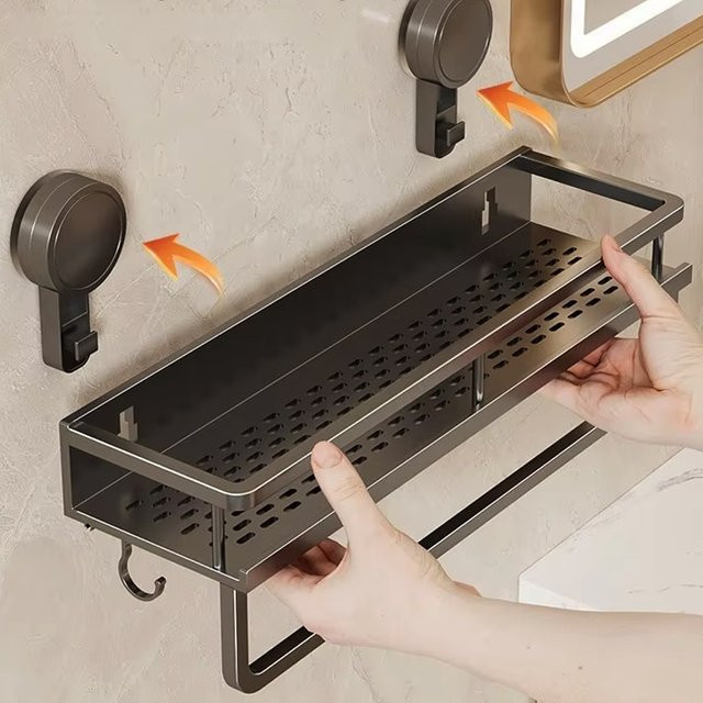 YUNJIEYA Eckregal für das Badezimmer mit Saugnapf ohne Bohren, Organizer für Taschentücher und WC-Zubehör, Grau, Breite: 30,0 cm, Höhe: 12,0 cm - Bild 1