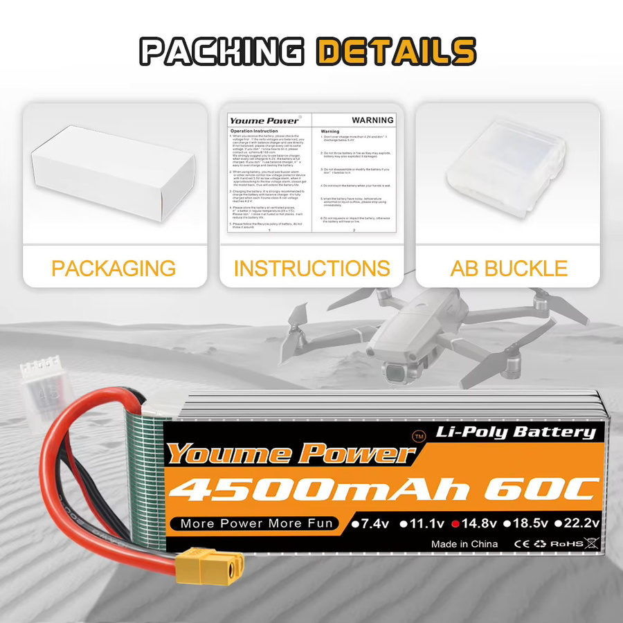 Youme 4S LiPo Akku 14,8 V 4500 mAh 60C mit XT60 und EC5 Anschlüssen für RC FPV Flugzeuge, Drohnen, Racing-Boote und Autos - Bild 6