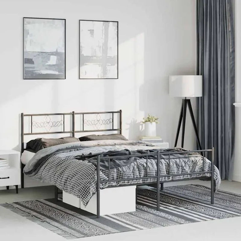Vidaxl Metallbettgestell mit Kopfteil und Fußteil in Schwarz im Industrial-Stil, B/T/H: 135 x 190 cm - Bild 1
