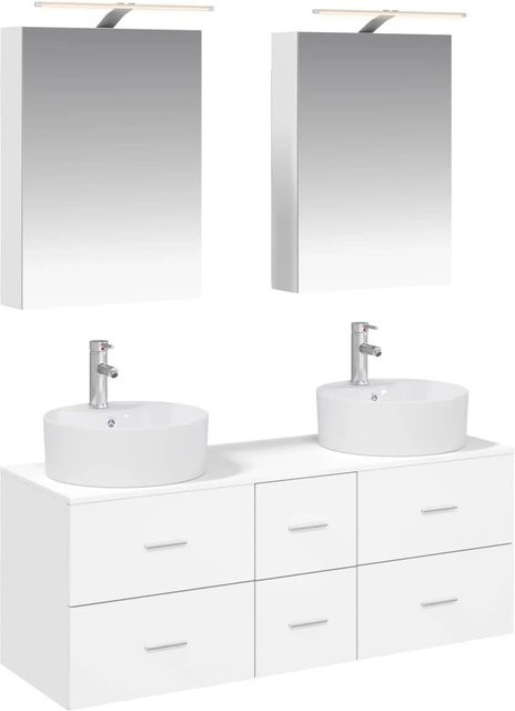vidaXL Badezimmermöbel-Set 5-teilig in Weiß, modern aus Holz und Glas mit LED-Beleuchtung und Spiegelschrank - Bild 1