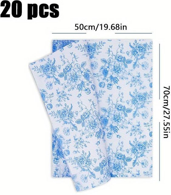 20 Stück SZ-Damai Großformatiges Blaues Floral Seidenpapier mit Weiß-Blauem Vintage Blumenmuster für DIY-Bastelarbeiten - Bild 1