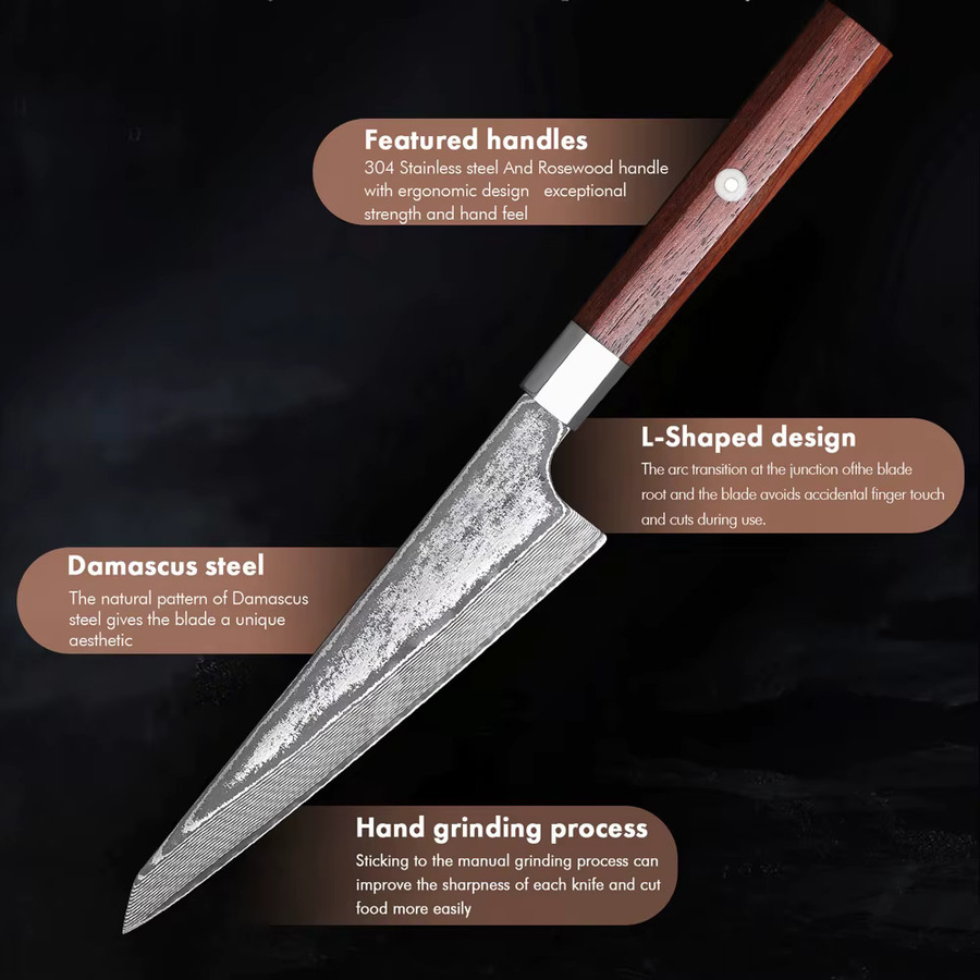 MOSTODOZO Honesuki Kochmesser aus 67-lagigem Damaszener Stahl, handgefertigtes japanisches Entbeiner-Messer mit Holzgriff in Braun, 15,24 cm - Bild 5