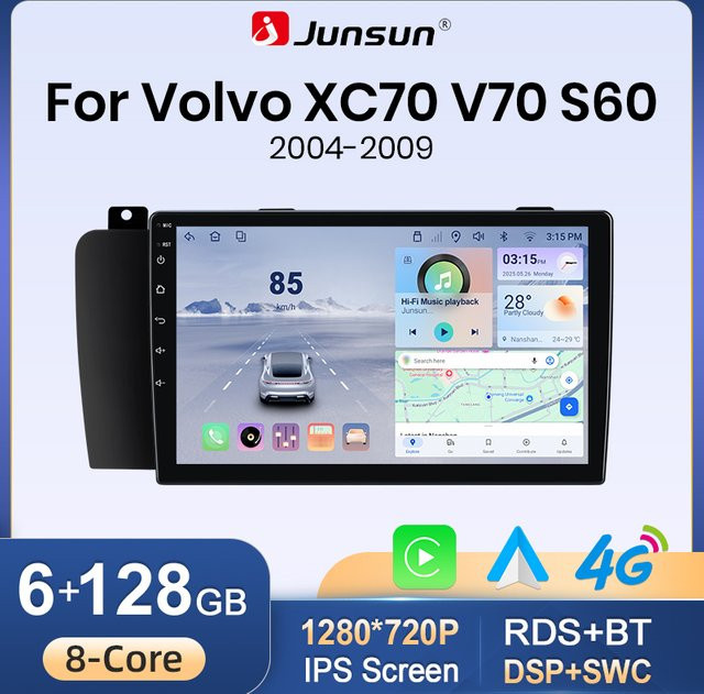 Junsun Multimedia Autoradio mit kabellosem CarPlay und Android Auto für Volvo XC70 V70 S60 (2004-2014) inklusive GPS, Bluetooth und FM Radio in Schwarz - Bild 1