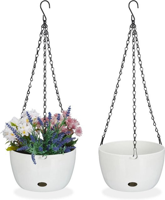 Relaxdays 2er Set Blumenampeln mit Wasserspeicher aus Kunststoff und Stahl in Weiß und Schwarz, Höhe: 56 cm, Durchmesser: 20,5 cm - Bild 1