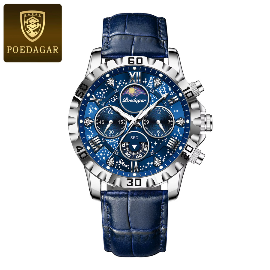 POEDAGAR Armbanduhr Chronograph, Quarz, Leder, Herren, Blau - Bild 7