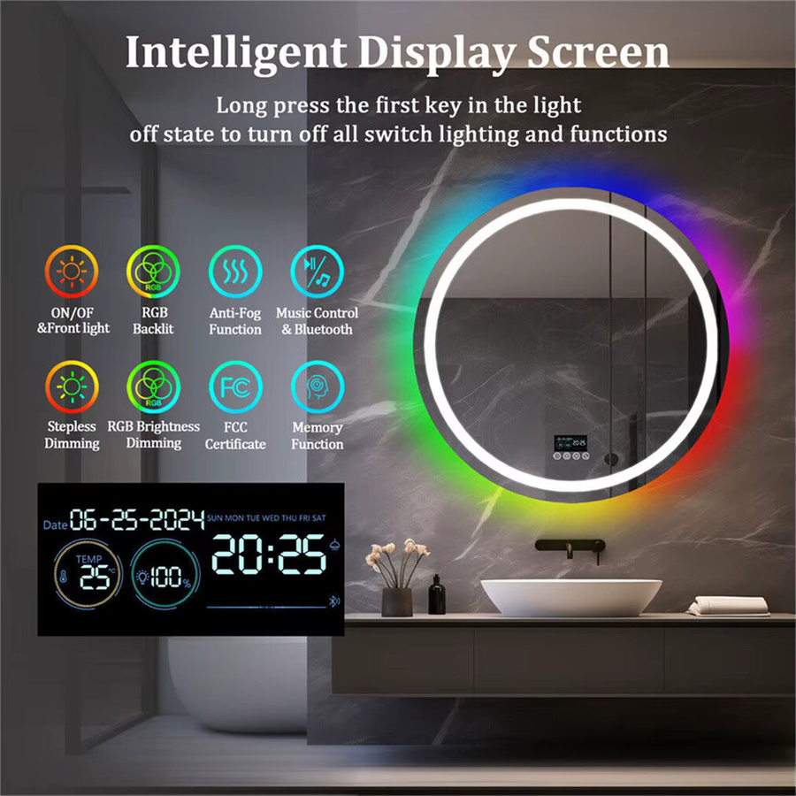 Runder LED-Badezimmerspiegel von BORWART mit Bluetooth-Lautsprecher, RGB-Hintergrundbeleuchtung und Antibeschlag-Funktion, Farbe: Weiß/Multicolour, Durchmesser: 80 cm - Bild 3