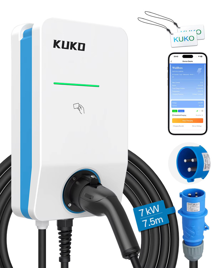 KUKO Typ 2 EV-Ladegerät Tragbares Ladegerät mit WLAN-App und Bluetooth-Steuerung, 32A Einphasig/Mehrphasig, Weiß - Bild 7