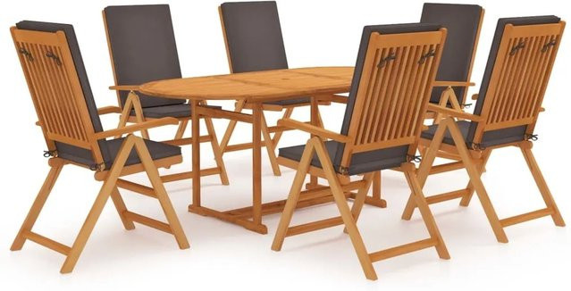 vidaXL 7-tlg Garten-Essgruppe aus Massivholz Teak mit Kissen in Grau Modell 1 - Bild 1