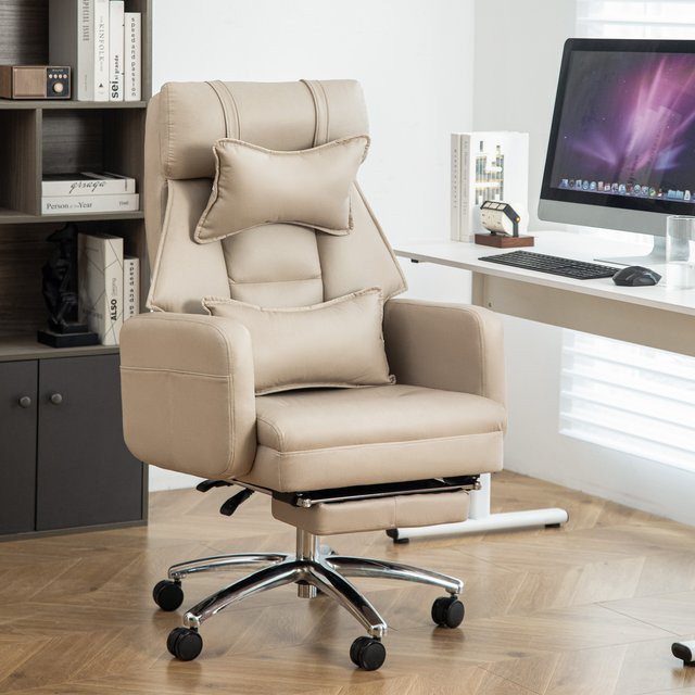PINGGO Ergonomischer Bürostuhl aus Leder in Beige mit hoher Rückenlehne, Lendenwirbelstütze und Kopfstütze - Bild 1