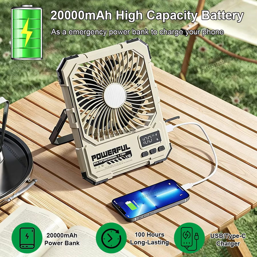 raugee Camping-Ventator Schwarz mit 20000mAh Akku, USB wiederaufladbar, tragbarer hängender Zelt-Deckenventilator mit Fernbedienung und Nachtlicht - Bild 5
