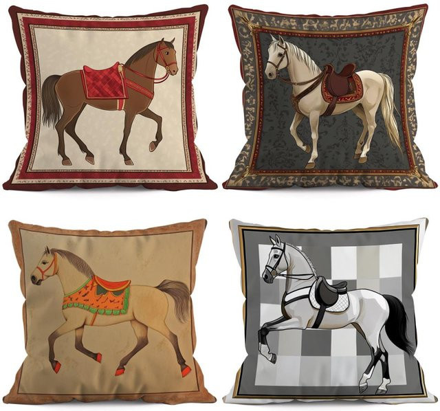 JMG Clothing Kissenbezug im Retro-Reitstil mit Digitaldruck aus Plüsch, Mehrfarbig, B/B: 60 x 60 cm - Bild 1