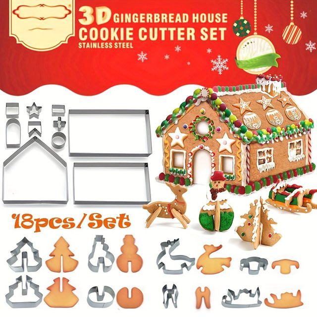 PLYS Weihnachtliche Lebkuchenhaus Ausstechformen aus Edelstahl, 18-teiliges Set für Cookies und Weihnachtsgebäck, Silber - Bild 1