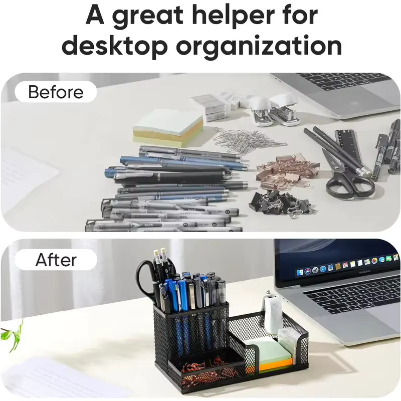 Schwarzer Mesh-Schreibtisch-Organizer aus Metall mit 3 Stufen, Stifthalter und Aufbewahrungskörben für Büro, Schule und Zuhause - Bild 3