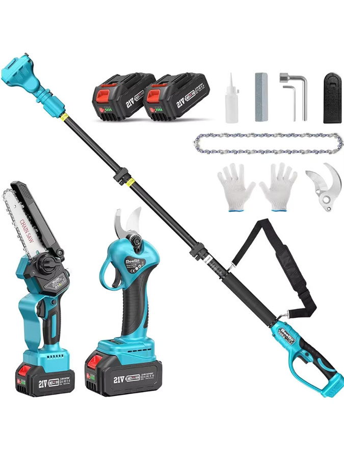 Seesii 3in1 Elektrische Gartenschere mit 2,8m Teleskopstange und 6'' Kettensäge, Blau, kompatibel mit Makita 18V LXT Akku - Bild 5