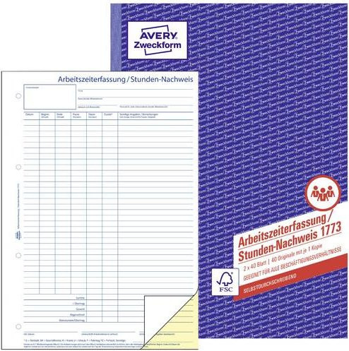 Avery Zweckform Stundennachweis Formular 1773 zur Arbeitszeiterfassung, selbstdurchschreibend, DIN A4, weiß/gelb - Bild 1
