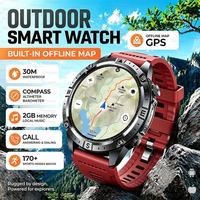 GUHUAVMI Smartwatch mit Offline-Karte, GPS-Navigation, 3ATM Wasserdicht, Kompass, Höhenmesser und Taschenlampe, Schwarz, Unisex - Bild 1