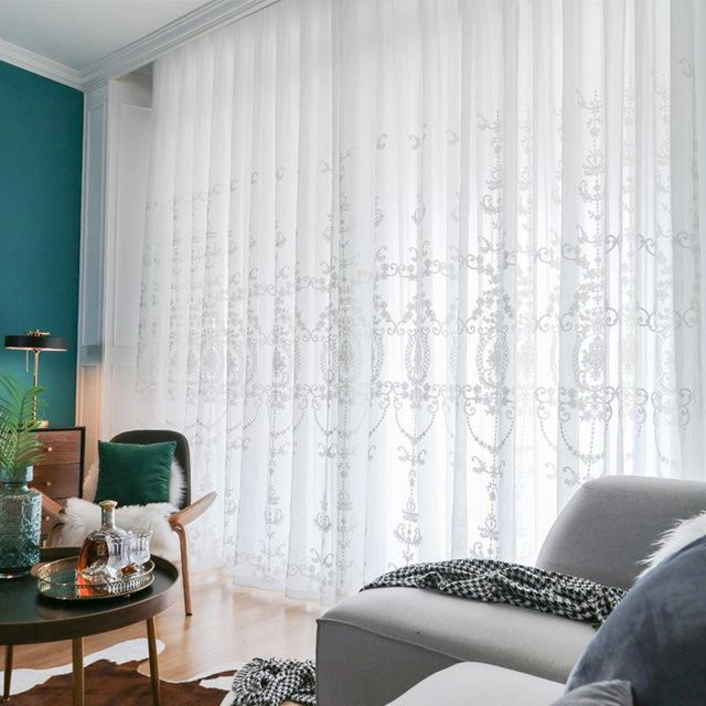 ELKCA Transparenter Vorhang mit weißem geometrischem Blumenmuster aus Voile und Tüll, Stangentasche, Breite: 100 cm, Höhe: 200 cm - Bild 1