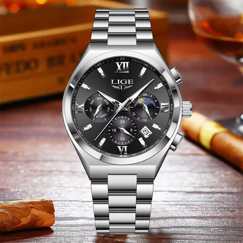 LIGE Armbanduhr Quarz, Edelstahl, Schwarz, Silber, Herren - Bild 2