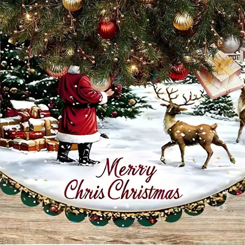 VIKAMA Weihnachtsbaumrock mit Winter Santa und Elch Motiv für Indoor und Outdoor Dekoration - Bild 3