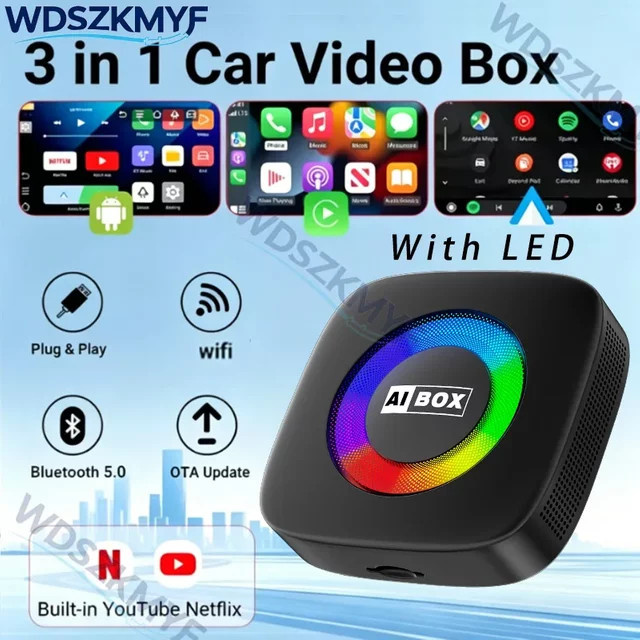 WDSZKMYF Android 14 Wireless CarPlay und Android Auto Adapter mit TV-Box Funktion für YouTube und Netflix in Schwarz - Bild 1