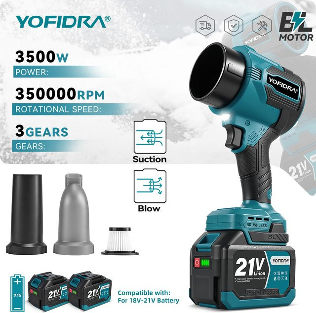 YOFIDRA 2 in 1 Bürstenloser Elektrischer Turbo-Gebläse-Jet-Lüfter mit 350m/s und 350000RPM Handgehaltener Laubbläser und Staubbläser für Makita-Akku - Bild 1