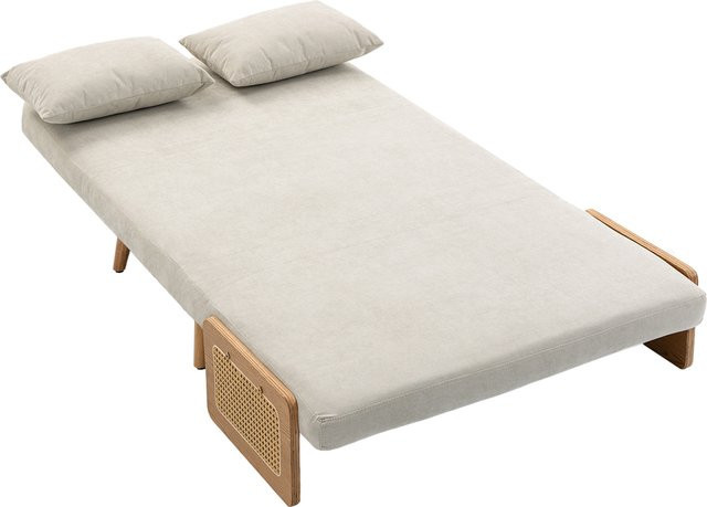 HOMCOM 3-in-1 2-Sitzer-Schlafsofa aus Chenille in Creme mit verstellbarer Rückenlehne und 2 Kissen, modernes Design mit Holzarmlehnen und Hevea-Holzfüßen für Wohnzimmer und Schlafzimmer - Bild 1