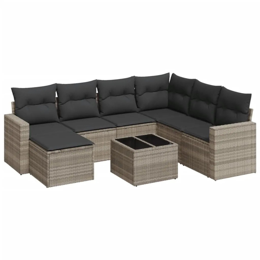 vidaXL 8-teilige Garten-Sofagarnitur in L-Form aus Poly Rattan mit Kissen und Couchtisch in Hellgrau - Bild 2