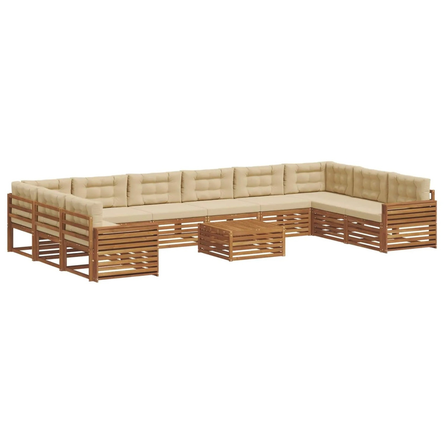 vidaXL Sofagarnitur 11-teilig in U-Form aus Massivholz Akazie, Farbe Natur-Beige, mit Polsterung und Kissen - Bild 2