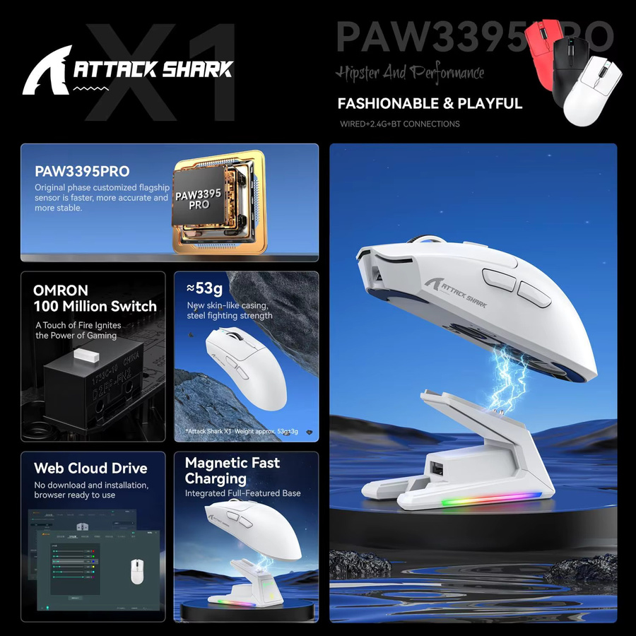 ATTACK SHARK X1 Gaming-Maus in Schwarz mit RGB-Ladestation, PixArt PAW3395PRO Sensor, 40000 DPI und Tri-Mode Verbindung, 53 g superleicht - Bild 3