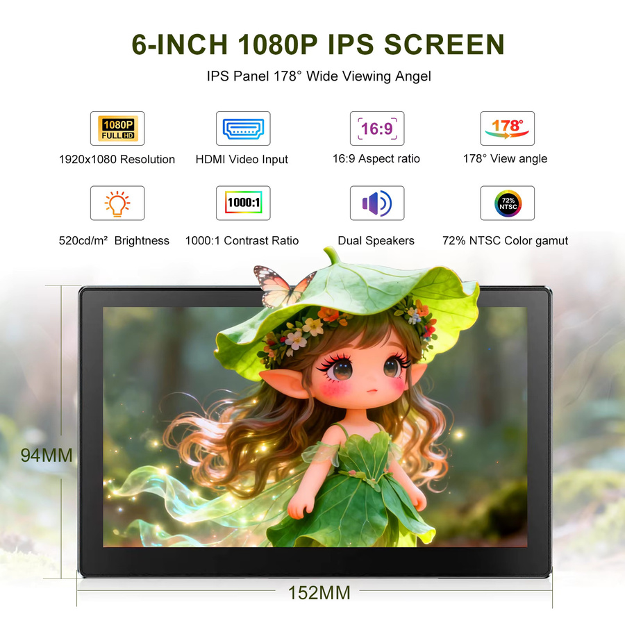 MISSUN Tragbarer 6-Zoll Monitor in Schwarz mit 60 Hz und USB-C Anschluss für Laptop, PC, Xbox, PlayStation, Nintendo Switch und mobile Geräte - Bild 2