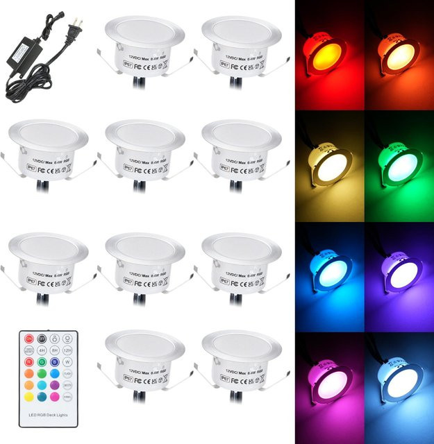 TOMTOP JMS 10er Set RGB LED Bodenstrahler IP67 wasserdicht, dimmbar und farbwechselnd, rund, Edelstahl Silber, für Außenbereich, Garten und Sauna - Bild 1
