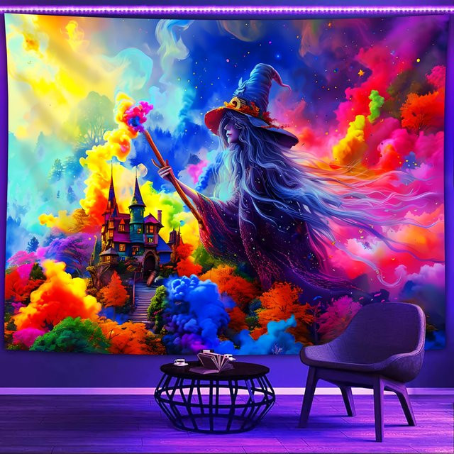 VIKAMA Magischer Hexen-Wandteppich mit Sternenhimmel und Schloss in Multicolour, B/H: 60 x 40 cm - Bild 1